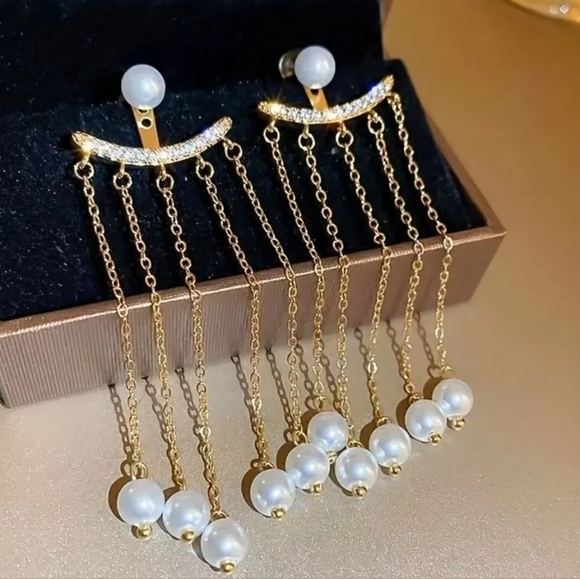 NEW FAUX PEARL TASSEL DANGLE EARRINGS - Picture 5 of 8